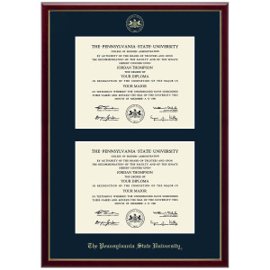 double diploma frame Galleria moulding, cherry finish, The Pennsylvania State University gold embossed with seal